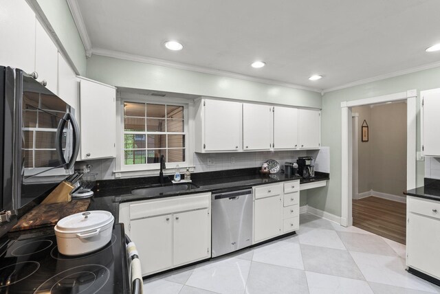 2310 Tulsa Rd, Lexington, KY 40503 - kitchen with dishwasher, ornamental molding, a sink, tasteful backsplash, and white cabinetry