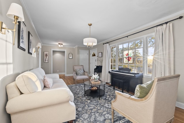2310 Tulsa Rd, Lexington, KY 40503 - living room with wood finished floors, crown molding, baseboards, and a chandelier