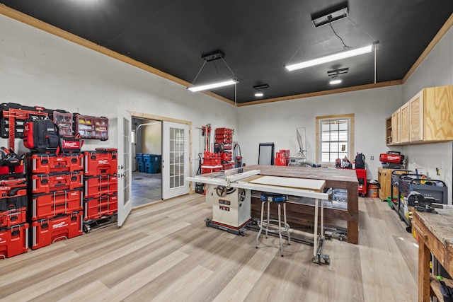 324 Hays Mays Rd, Perryville, KY 40468 - office space featuring crown molding, wood finished floors, french doors, and a workshop area