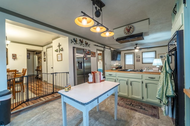 kitchen featuring green cabinetry, stainless steel fridge with ice dispenser, ornamental molding, a ceiling fan, and butcher block counters
