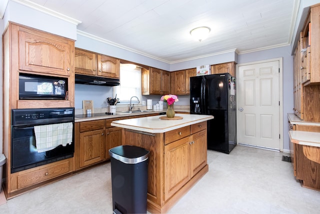 3476 Grasmere Dr, Lexington, KY 40503 - kitchen with black appliances, under cabinet range hood, brown cabinetry, light countertops, and ornamental molding