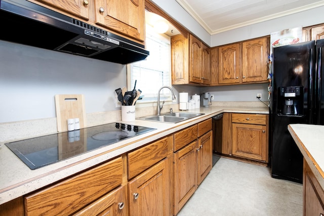 3476 Grasmere Dr, Lexington, KY 40503 - kitchen featuring black appliances, under cabinet range hood, a sink, brown cabinetry, and ornamental molding