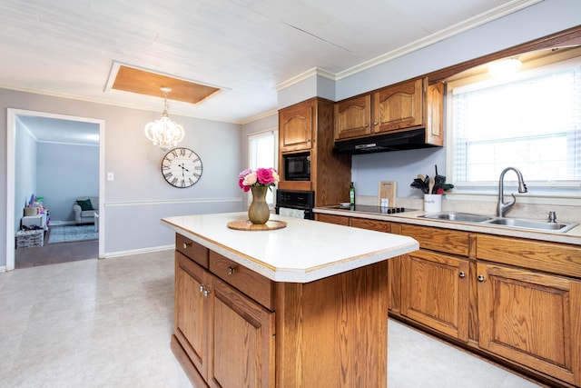 3476 Grasmere Dr, Lexington, KY 40503 - kitchen with a sink, black appliances, under cabinet range hood, brown cabinetry, and crown molding