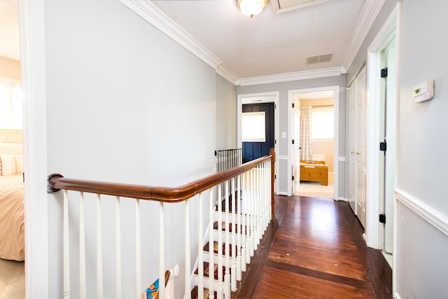 3476 Grasmere Dr, Lexington, KY 40503 - hallway with attic access, hardwood / wood-style flooring, ornamental molding, and an upstairs landing