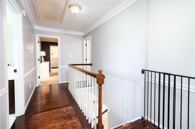 3476 Grasmere Dr, Lexington, KY 40503 - hall featuring attic access, an upstairs landing, wood-type flooring, and crown molding