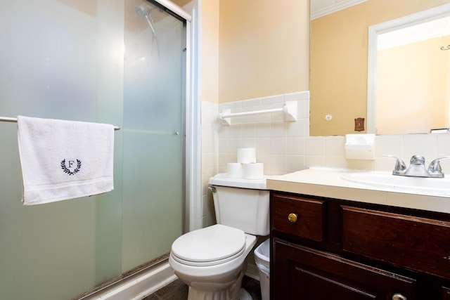 3476 Grasmere Dr, Lexington, KY 40503 - bathroom featuring a shower stall, toilet, vanity, and tile walls