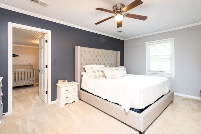 3476 Grasmere Dr, Lexington, KY 40503 - bedroom with crown molding, light colored carpet, baseboards, ceiling fan, and connected bathroom
