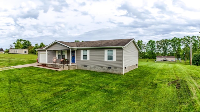 view of front of home featuring crawl space, an attached garage, covered porch, concrete driveway, and a front lawn