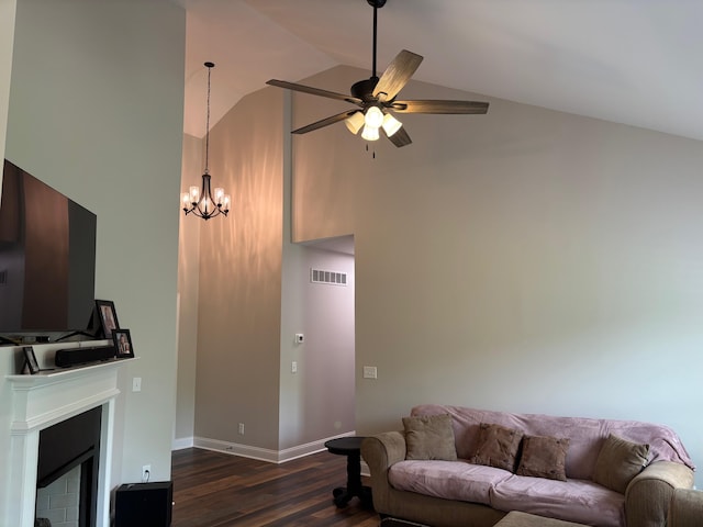 875 Ridgeview Dr, Frankfort, KY 40601 - living area featuring high vaulted ceiling, a chandelier, a ceiling fan, dark wood-type flooring, and a fireplace