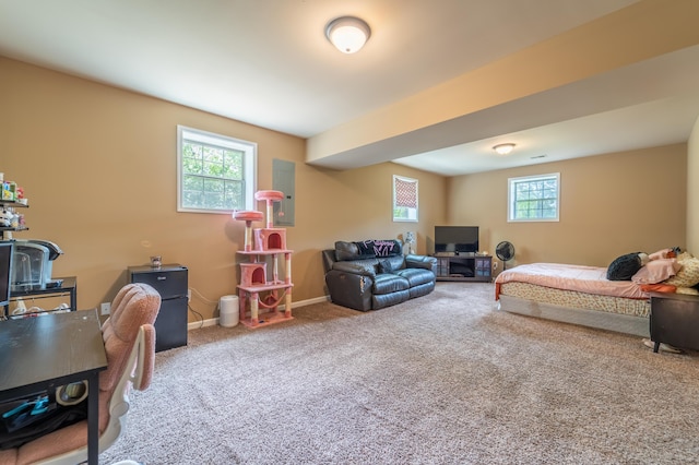 bedroom with carpet floors, electric panel, and baseboards