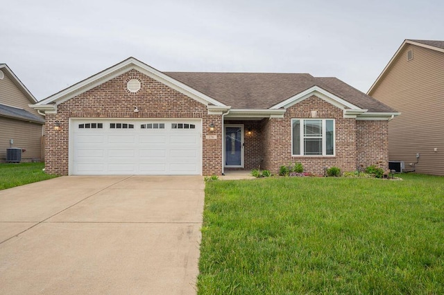 view of front of property featuring central AC unit, brick siding, concrete driveway, an attached garage, and a front yard