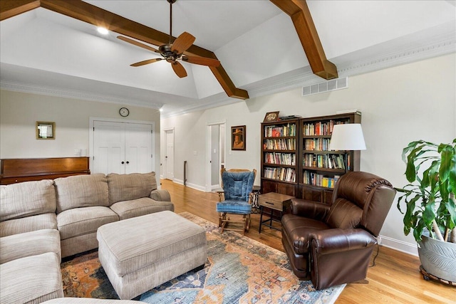 1183 The Ridings, Winchester, KY 40391 - living area featuring ceiling fan, baseboards, wood finished floors, high vaulted ceiling, and beam ceiling