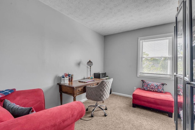 office featuring carpet, a textured ceiling, and baseboards