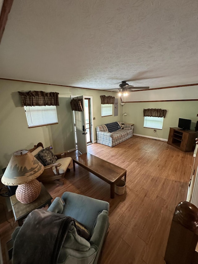 100 Buck Dr, Wellington, KY 40387 - living area featuring wood finished floors, ceiling fan, baseboards, and a textured ceiling