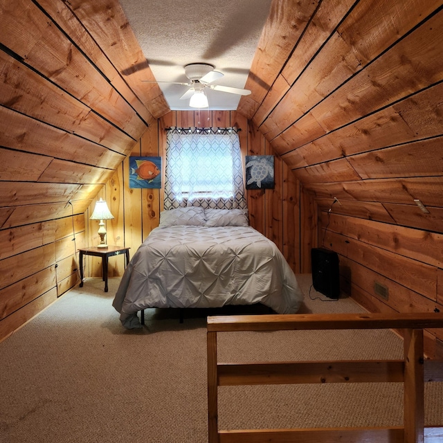 42 Alley Rd, Wellington, KY 40387 - bedroom featuring wood walls, vaulted ceiling, carpet floors, wooden ceiling, and a textured ceiling