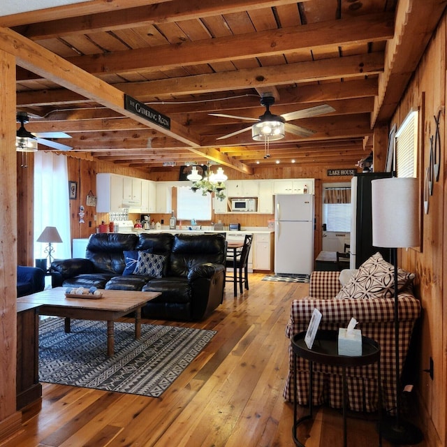 42 Alley Rd, Wellington, KY 40387 - living room featuring a ceiling fan, light wood-style flooring, wooden walls, beamed ceiling, and wooden ceiling