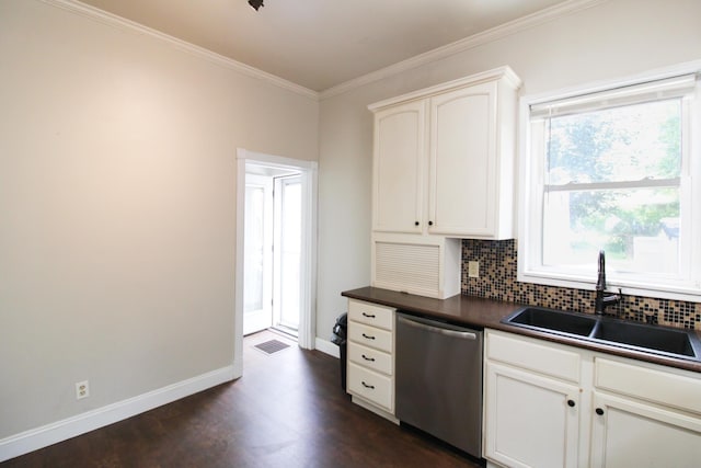 50 Sterling Ave, Fort Thomas, KY 41075 - kitchen featuring dishwasher, a sink, dark countertops, decorative backsplash, and ornamental molding
