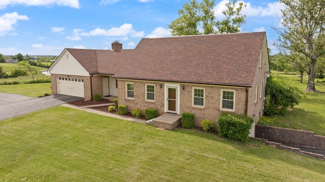 cape cod-style house with driveway, a front lawn, a chimney, brick siding, and a garage