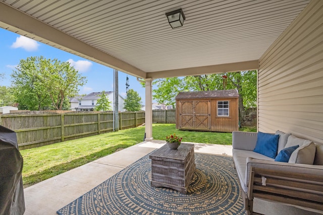157 Cross Park Dr, Georgetown, KY 40324 - view of patio with an outdoor living space, a storage unit, and an outbuilding