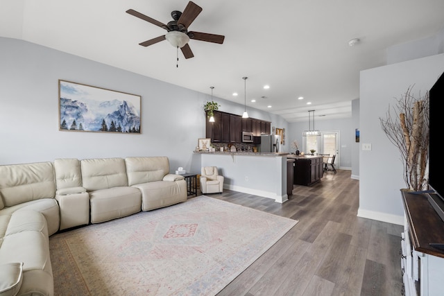 157 Cross Park Dr, Georgetown, KY 40324 - living room featuring recessed lighting, a ceiling fan, dark wood finished floors, and baseboards