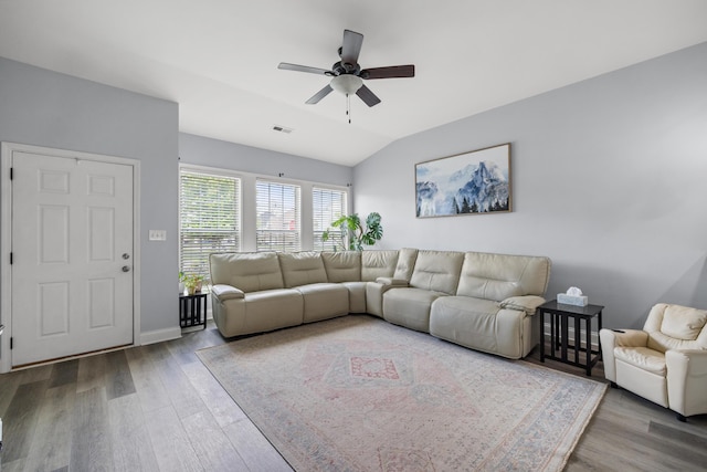 157 Cross Park Dr, Georgetown, KY 40324 - living room featuring wood finished floors, a ceiling fan, lofted ceiling, and baseboards