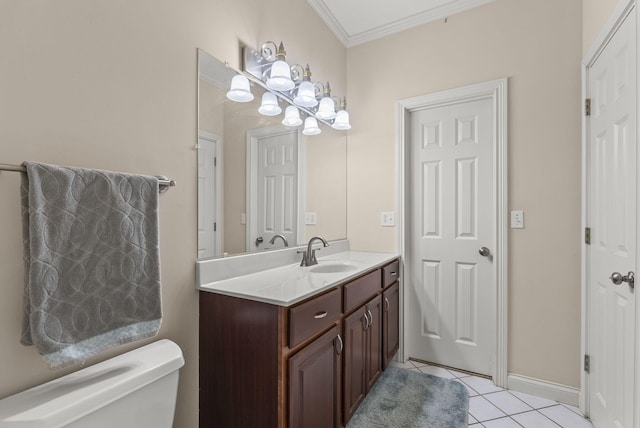 half bathroom featuring tile patterned flooring, vanity, ornamental molding, toilet, and baseboards