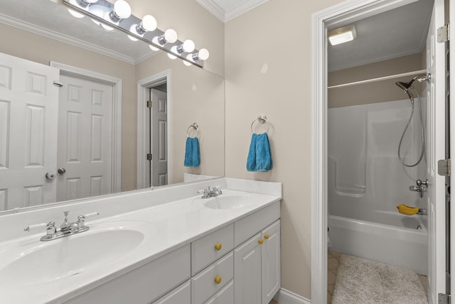 bathroom featuring double vanity, crown molding, and shower / tub combination