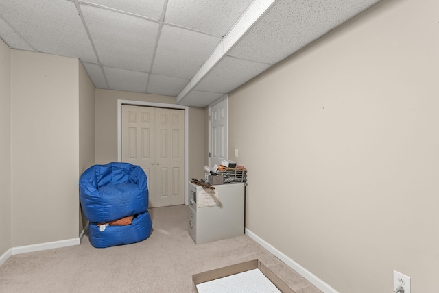 finished below grade area with a paneled ceiling, carpet flooring, and baseboards