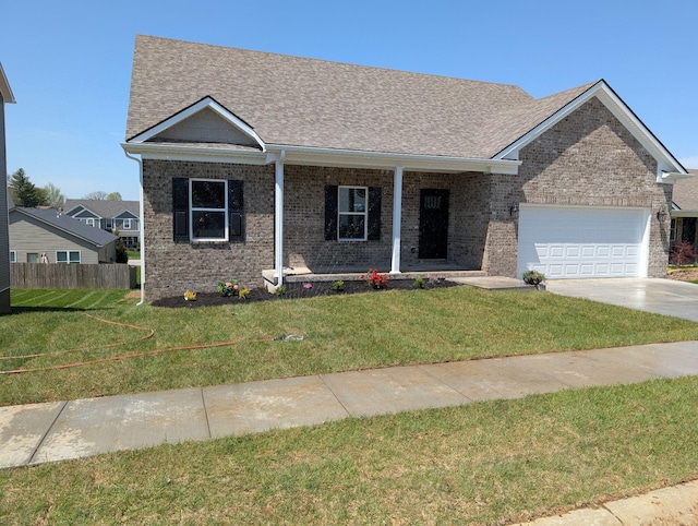 view of front of house with covered porch, concrete driveway, a garage, a shingled roof, and brick siding