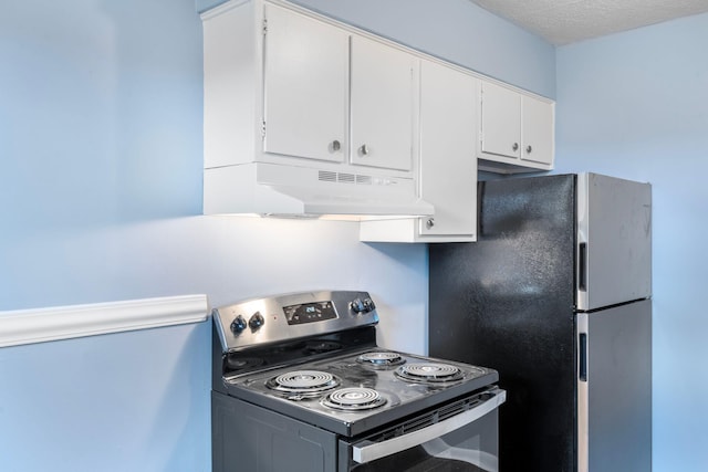 1517 Steadmantown Ln, Frankfort, KY 40601 - kitchen with electric stove, under cabinet range hood, freestanding refrigerator, and white cabinetry
