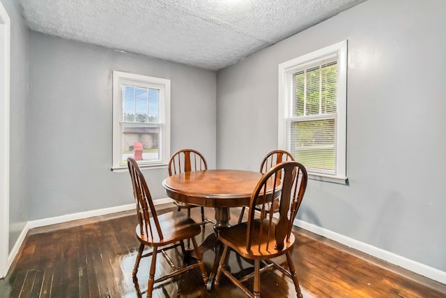 dining area featuring hardwood / wood-style flooring, a textured ceiling, baseboards, and healthy amount of natural light