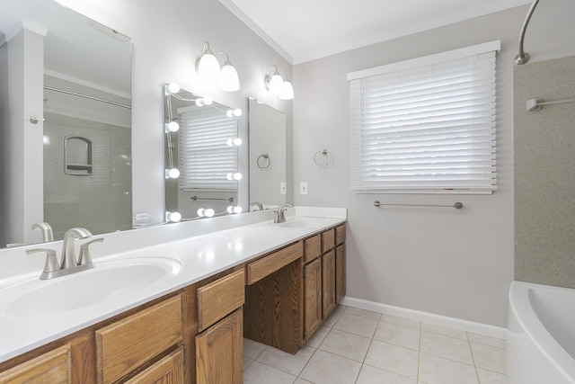 full bath featuring tile patterned floors, a tub, double vanity, ornamental molding, and a shower