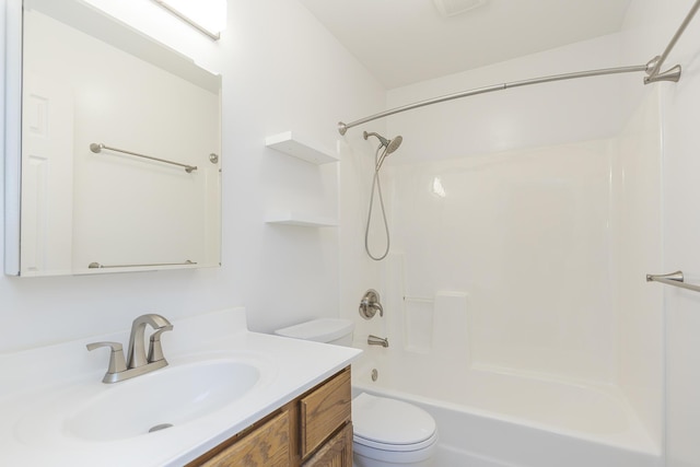 full bath with toilet, vanity, and bathing tub / shower combination