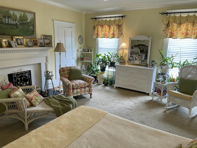 218 W Campbell St, Frankfort, KY 40601 - living area featuring carpet floors, ornamental molding, and a fireplace