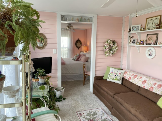 218 W Campbell St, Frankfort, KY 40601 - carpeted living area with a ceiling fan and wooden walls