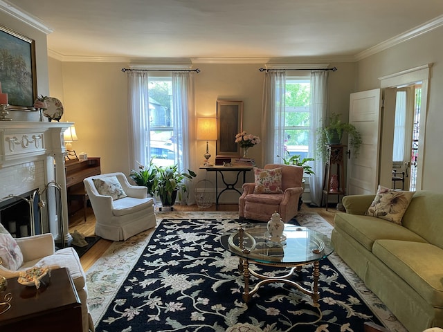 218 W Campbell St, Frankfort, KY 40601 - living area with plenty of natural light, crown molding, wood finished floors, and a fireplace