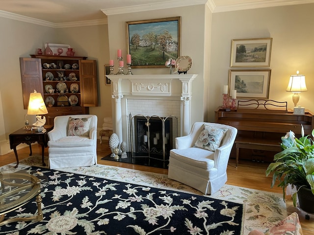 218 W Campbell St, Frankfort, KY 40601 - sitting room featuring wood finished floors, ornamental molding, and a fireplace