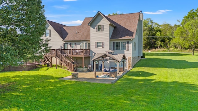 back of house featuring a gazebo, a wooden deck, stairway, a chimney, and a patio