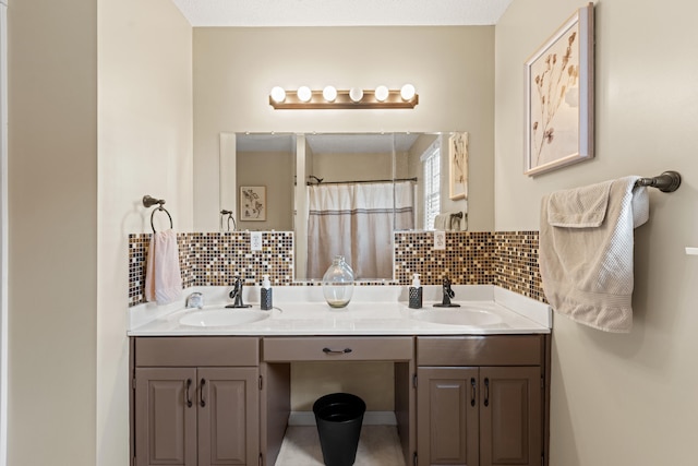 full bathroom with backsplash, double vanity, and curtained shower