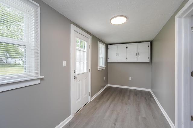 doorway featuring light wood-style flooring, healthy amount of natural light, a textured ceiling, and baseboards