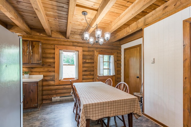 134 Pandora Dr, Harrodsburg, KY 40330 - dining area featuring baseboard heating, beam ceiling, wooden ceiling, a chandelier, and log walls