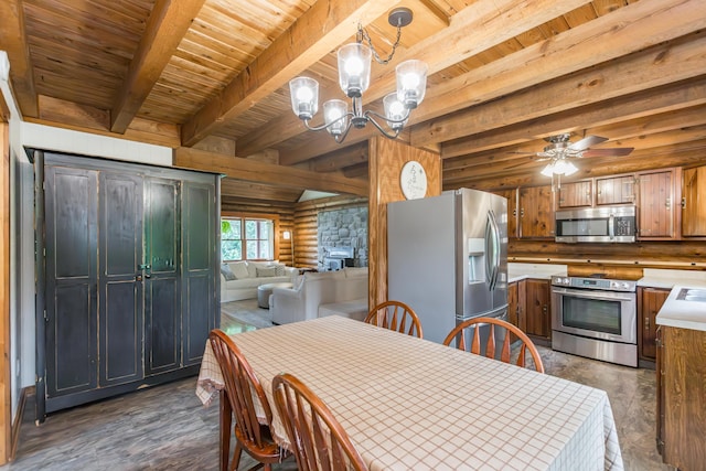 134 Pandora Dr, Harrodsburg, KY 40330 - dining area with wood ceiling, rustic walls, a chandelier, beamed ceiling, and a ceiling fan