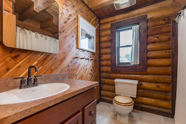 134 Pandora Dr, Harrodsburg, KY 40330 - bathroom with toilet, rustic walls, vanity, wooden ceiling, and a shower with curtain