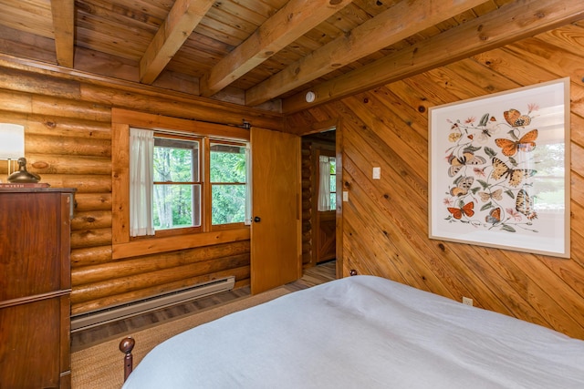 134 Pandora Dr, Harrodsburg, KY 40330 - bedroom featuring wood ceiling, baseboard heating, beam ceiling, log walls, and wood finished floors