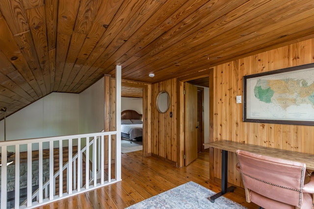 134 Pandora Dr, Harrodsburg, KY 40330 - hallway featuring wood ceiling, hardwood / wood-style floors, wooden walls, and lofted ceiling