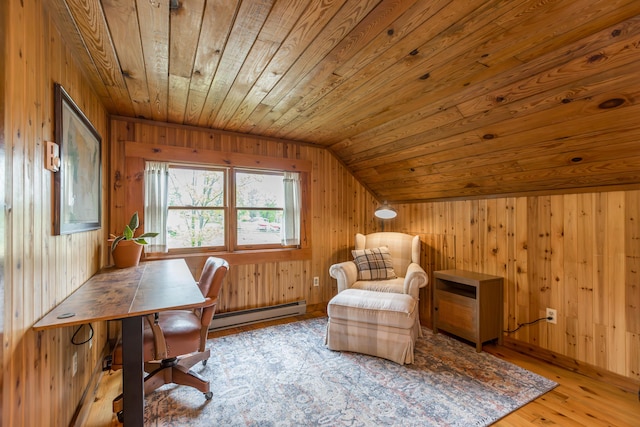 134 Pandora Dr, Harrodsburg, KY 40330 - sitting room featuring wood ceiling, wooden walls, light wood-style flooring, lofted ceiling, and a baseboard heating unit