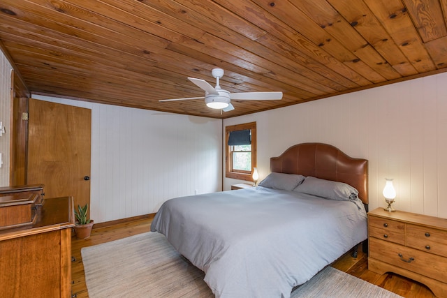134 Pandora Dr, Harrodsburg, KY 40330 - bedroom featuring wooden ceiling, wood-type flooring, baseboards, wood walls, and ceiling fan