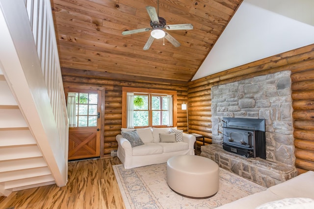 134 Pandora Dr, Harrodsburg, KY 40330 - living room with a wood stove, wood finished floors, wooden ceiling, ceiling fan, and rustic walls