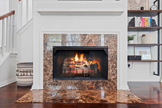 detailed view of wood finished floors, a high end fireplace, and baseboards