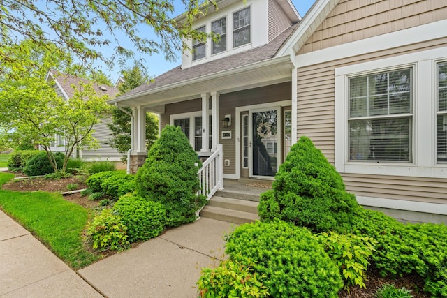 view of exterior entry with a shingled roof and covered porch